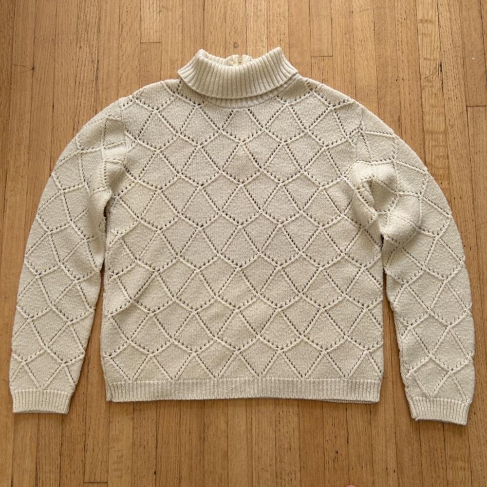 Ivory 70s wool turtleneck sweater Women's Sz. M diamond White Back zip